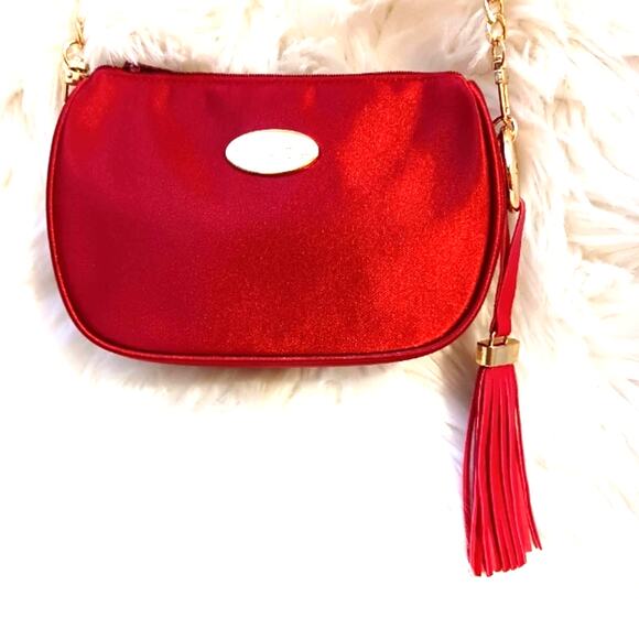 DIOR CROSSBODY Purse 6.5x4 Red Satin Beaute bag added Crystal Tassel Gold Chain - Picture 12 of 16